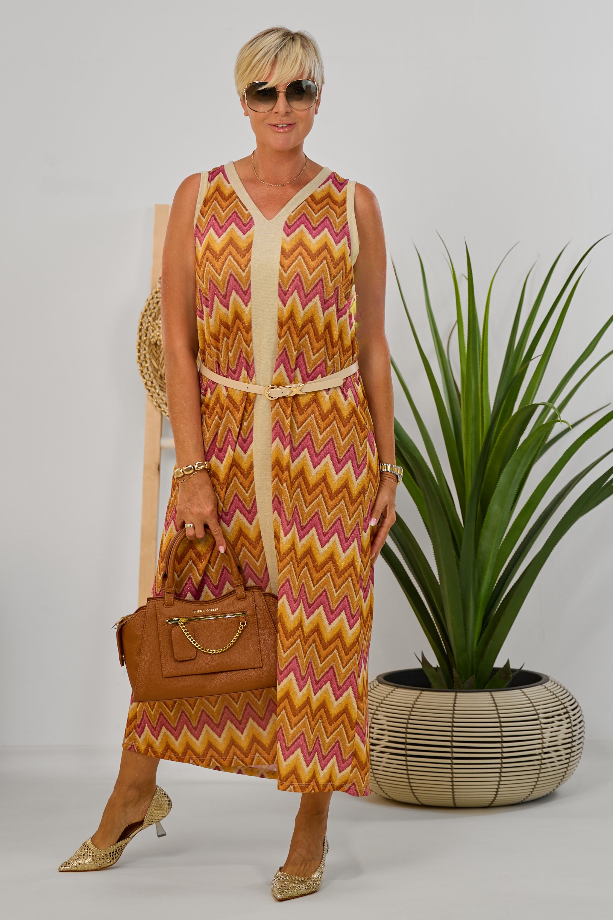 Maxikleid mit Zickzack-Muster, orange-pink-gold