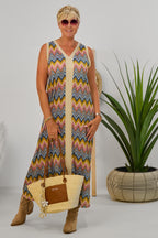 Maxikleid mit Zickzack-Muster, blau-flieder-gold