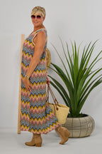 Maxikleid mit Zickzack-Muster, blau-flieder-gold