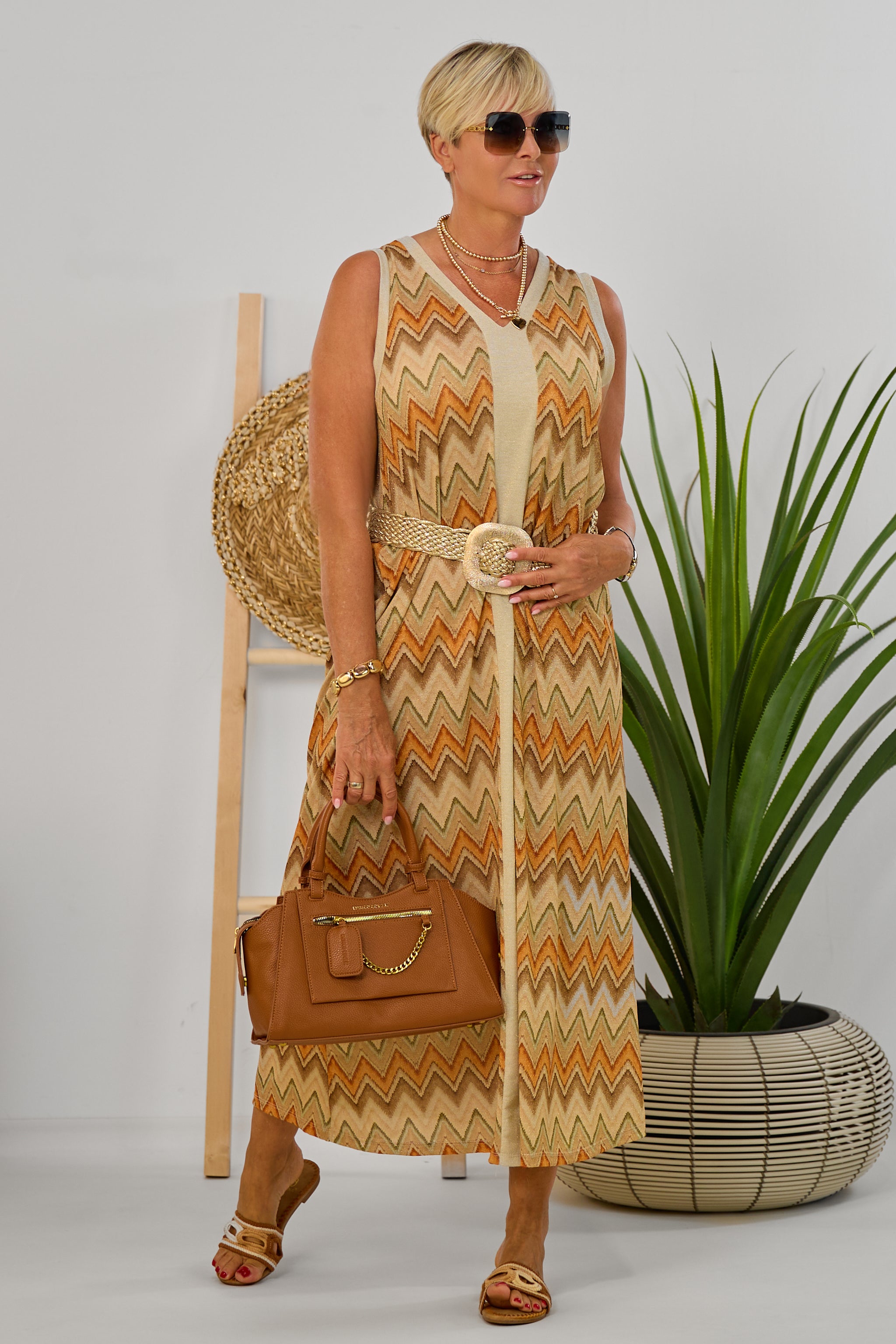 Maxikleid mit Zickzack-Muster, braun-orange-gold