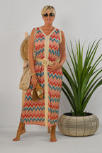Maxikleid mit Zickzack-Muster, blau-pink-gold