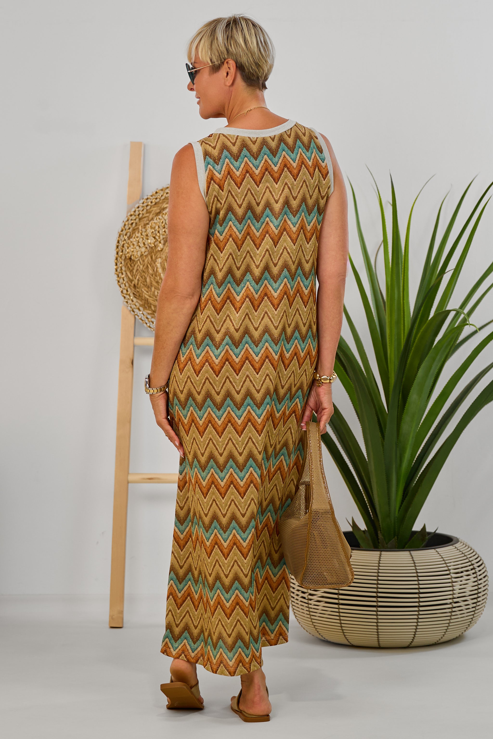 Maxikleid mit Zickzack-Muster, petrol-rost-gold