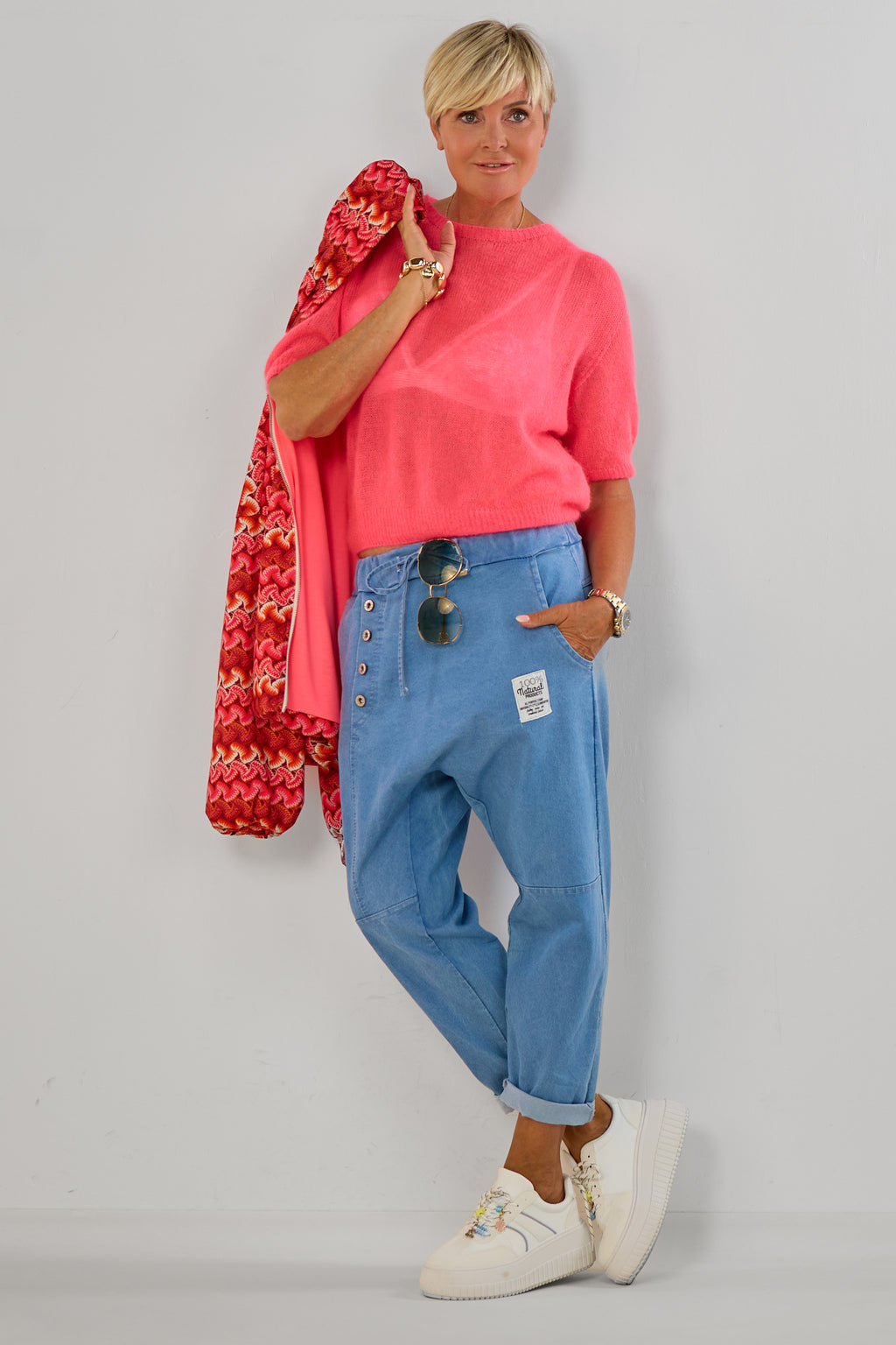 Leichter Mohair Strickpulli, neon koralle