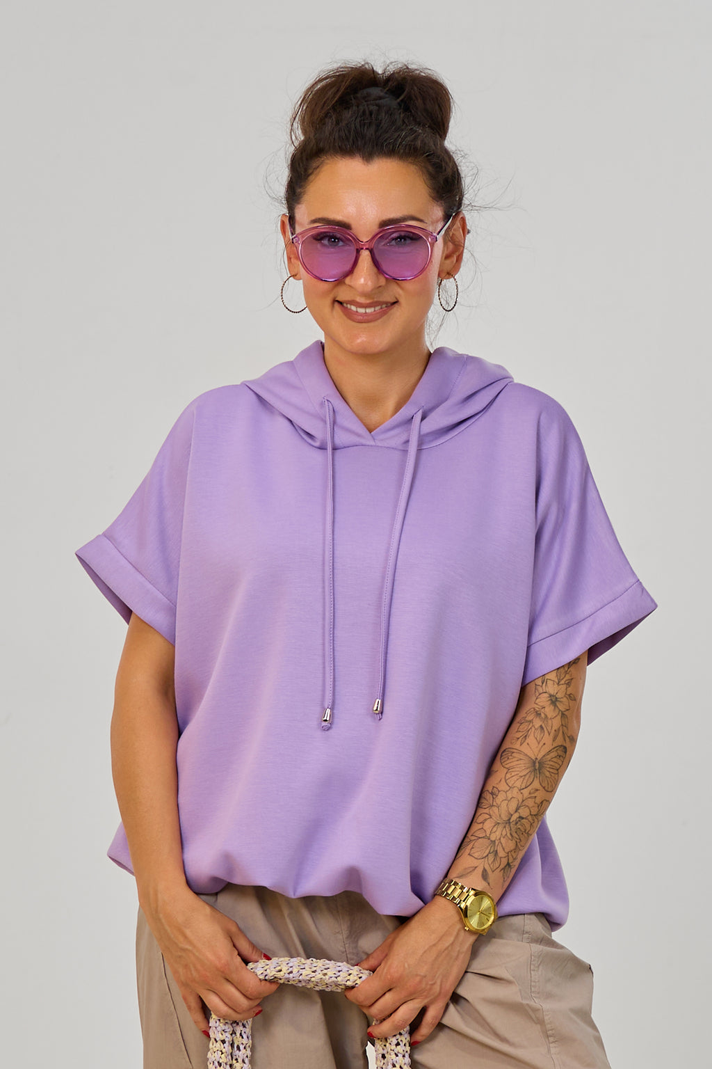 Cozy kurzarm Hoodie im Balloon-Style, flieder