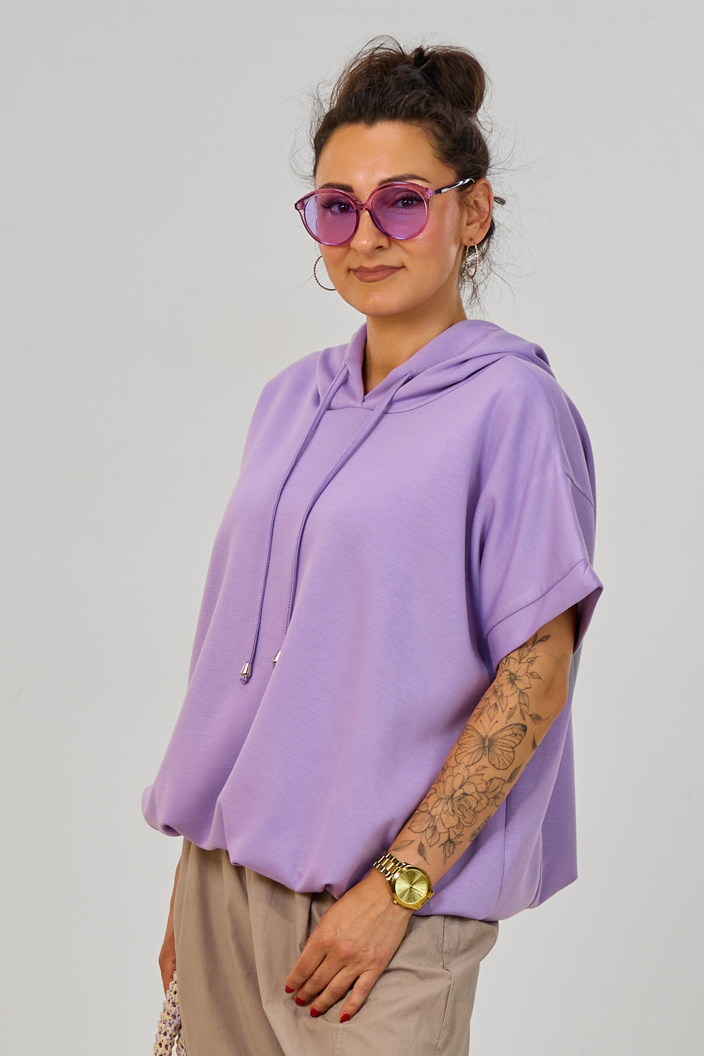 Cozy kurzarm Hoodie im Balloon-Style, flieder