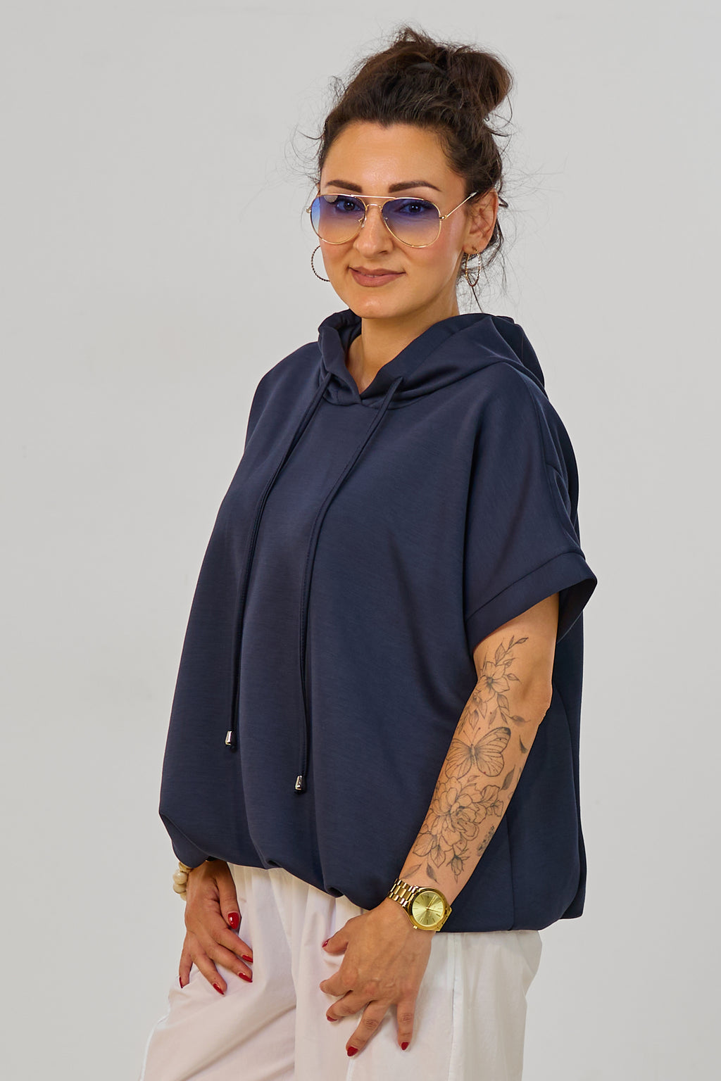 Cozy kurzarm Hoodie im Balloon-Style, marineblau