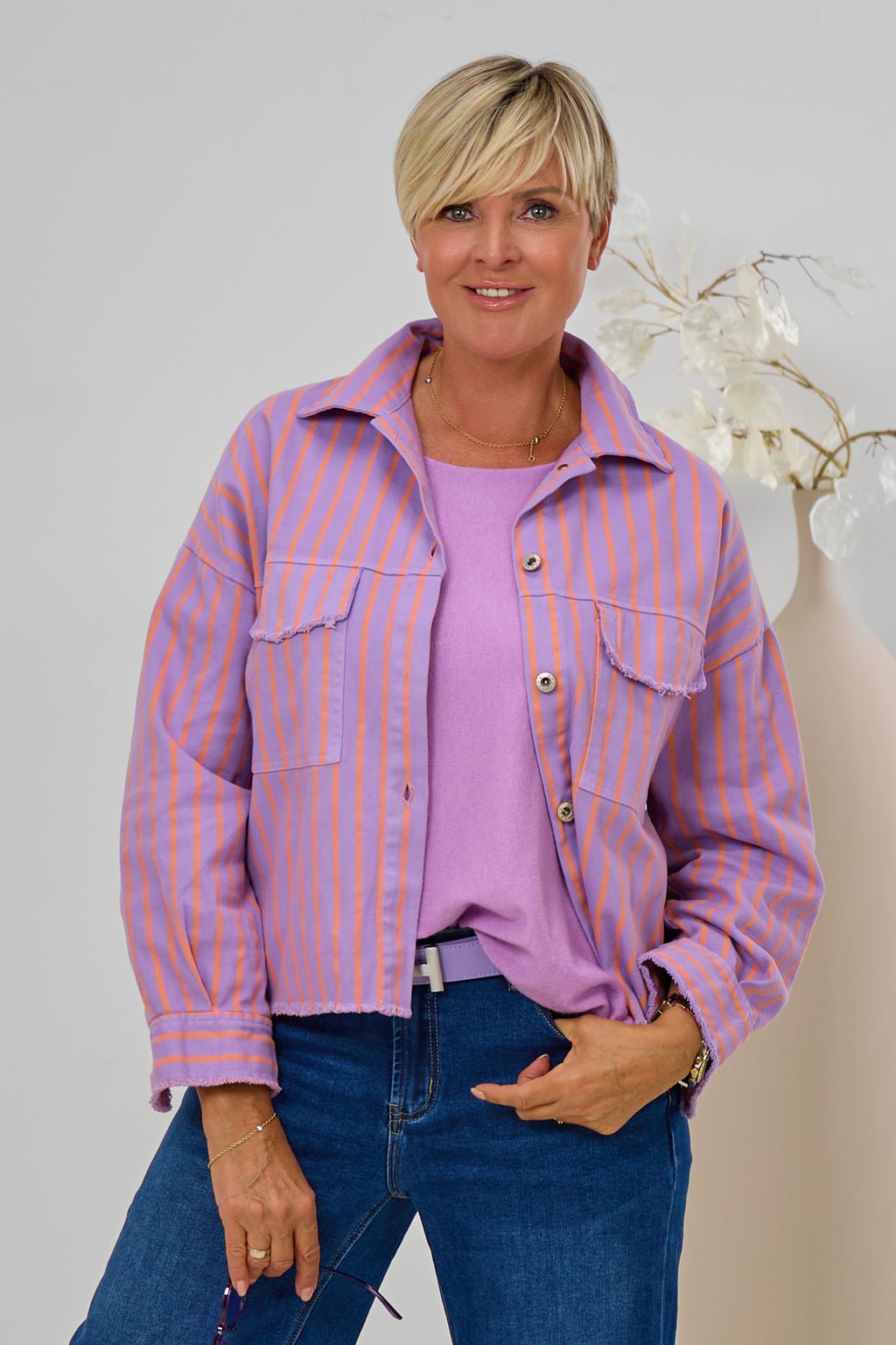 Jeans Hemdjacke gestreift, flieder-orange