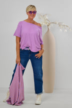 Horizontally knitted sweater with short sleeves, lilac