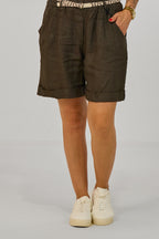 Leinen Shorts mit geflochtenem Gürtel, schokobraun