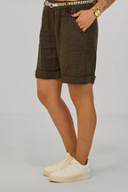 Leinen Shorts mit geflochtenem Gürtel, schokobraun