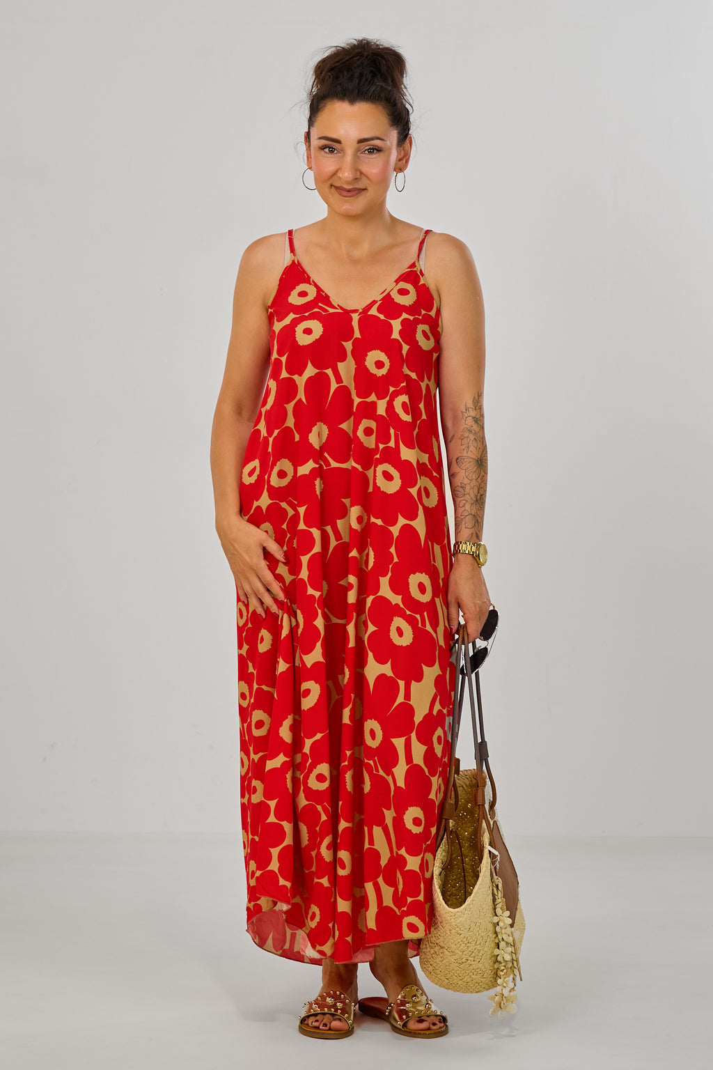 Geblümtes Maxikleid mit Spaghettiträgern, rot-taupe