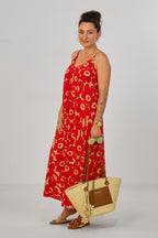 Geblümtes Maxikleid mit Spaghettiträgern, rot-taupe