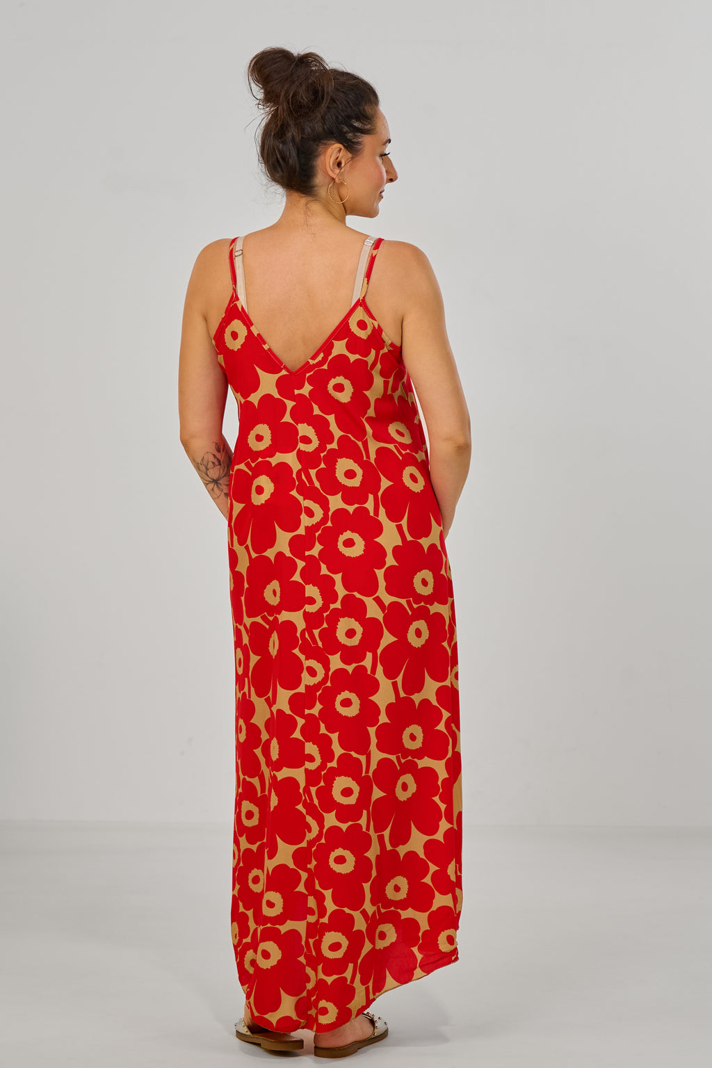 Geblümtes Maxikleid mit Spaghettiträgern, rot-taupe