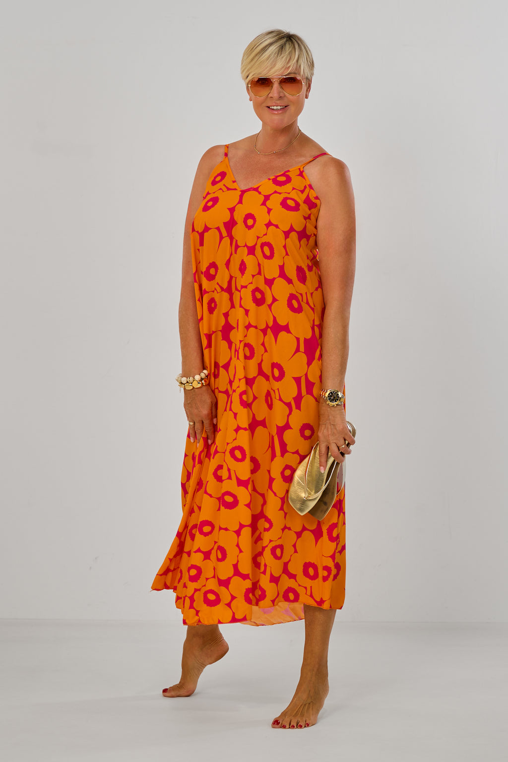 Geblümtes Maxikleid mit Spaghettiträgern, orange-pink
