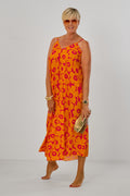 Geblümtes Maxikleid mit Spaghettiträgern, orange-pink