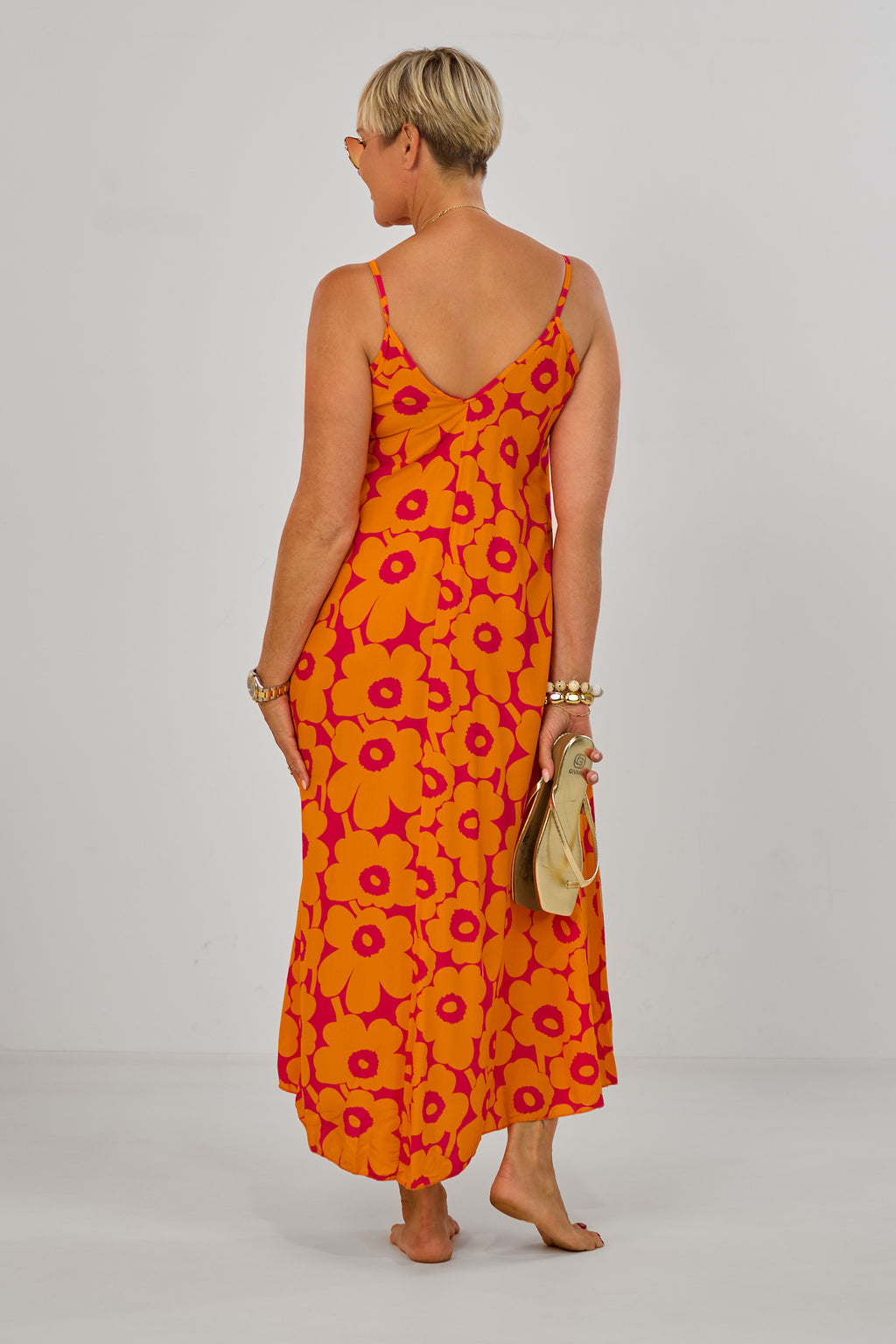 Geblümtes Maxikleid mit Spaghettiträgern, orange-pink