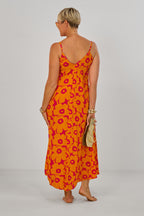 Geblümtes Maxikleid mit Spaghettiträgern, orange-pink