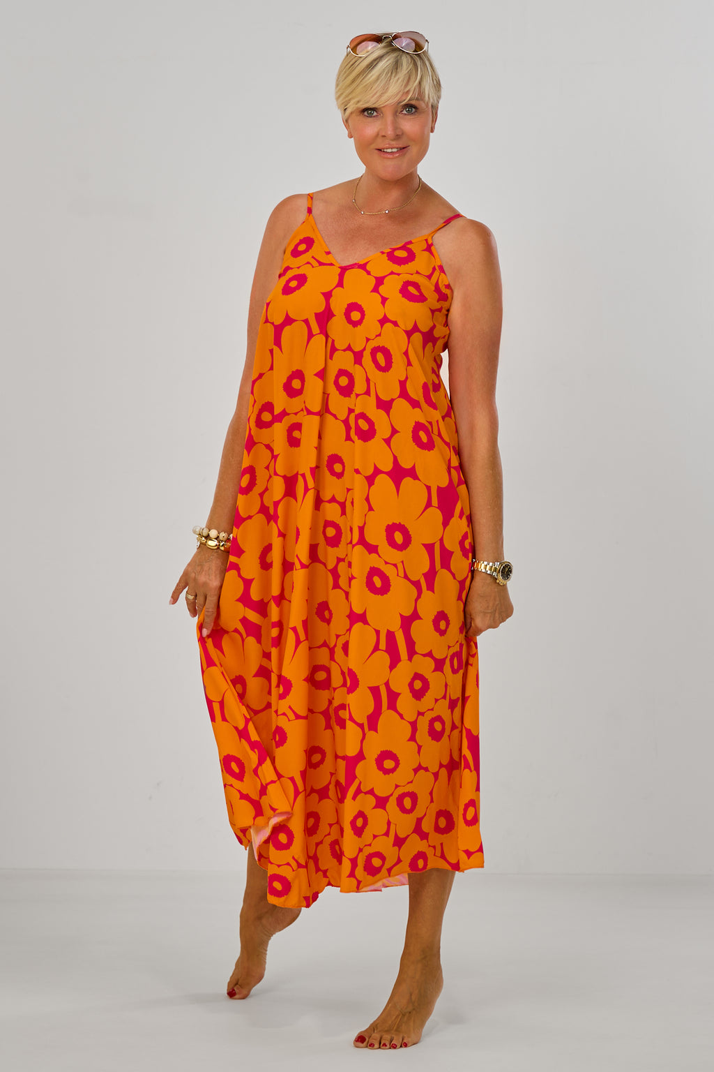 Geblümtes Maxikleid mit Spaghettiträgern, orange-pink