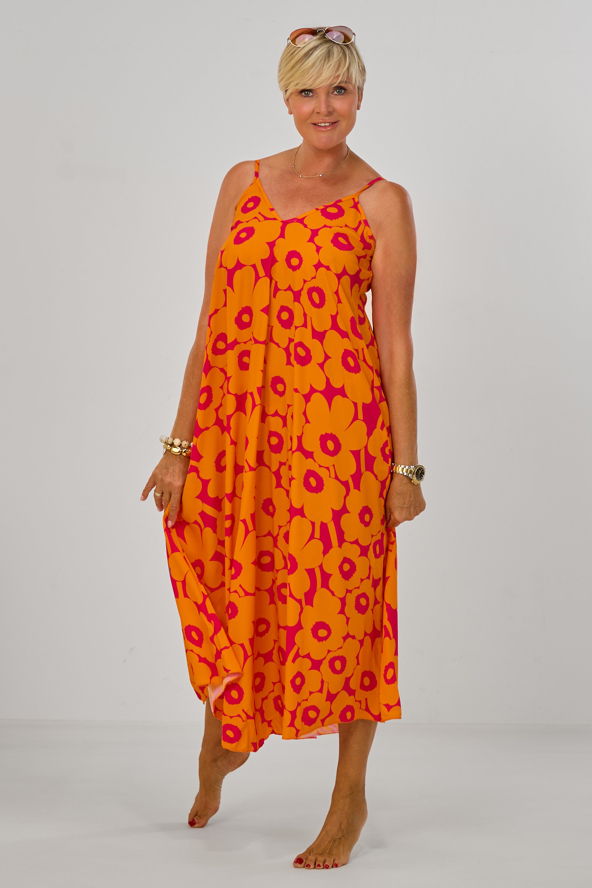 Geblümtes Maxikleid mit Spaghettiträgern, orange-pink