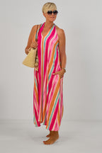 Langes Kleid mit besonderen Trägern, pink-bunt