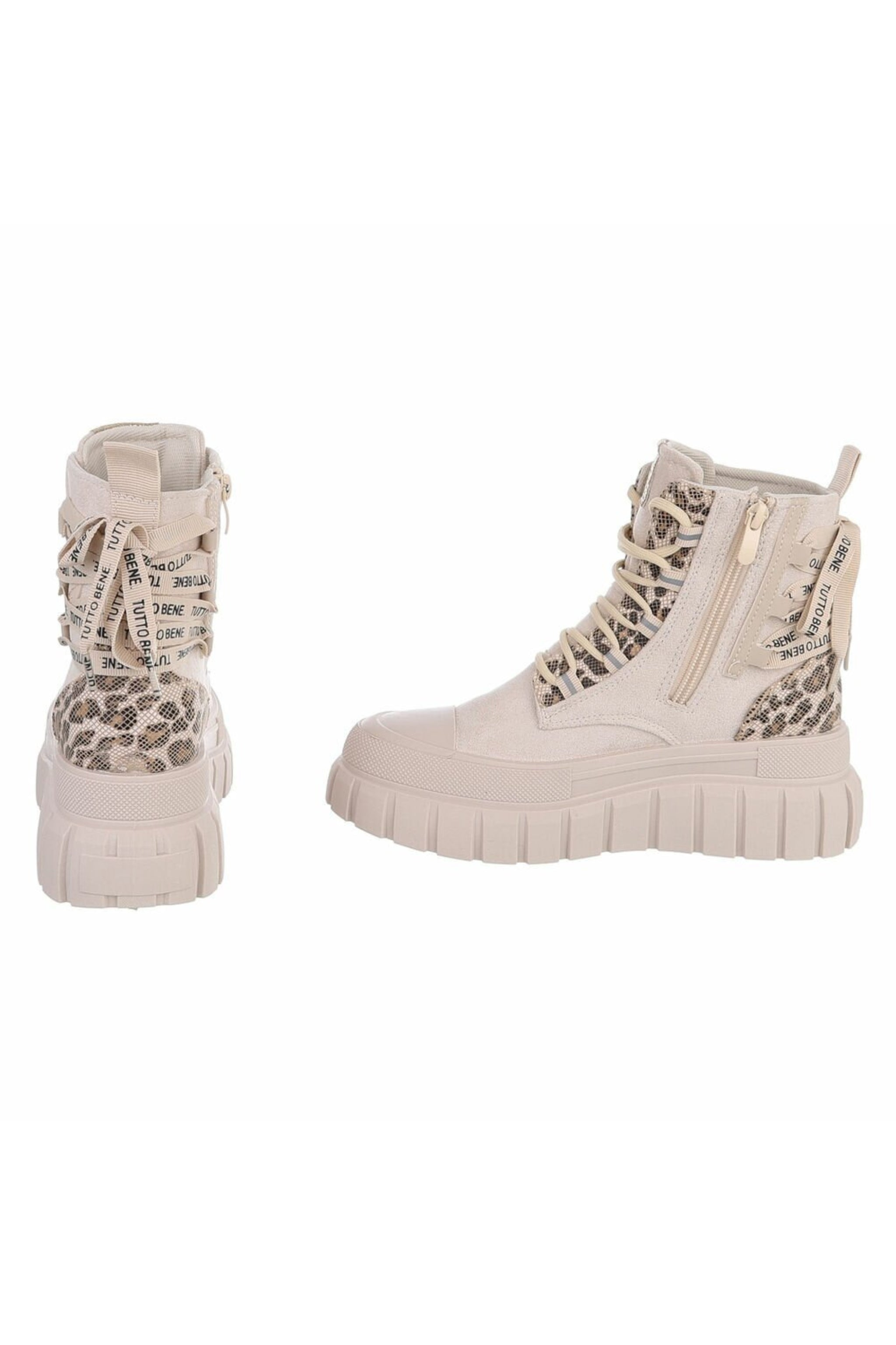 Schnürstiefelette, beige-leo-gold