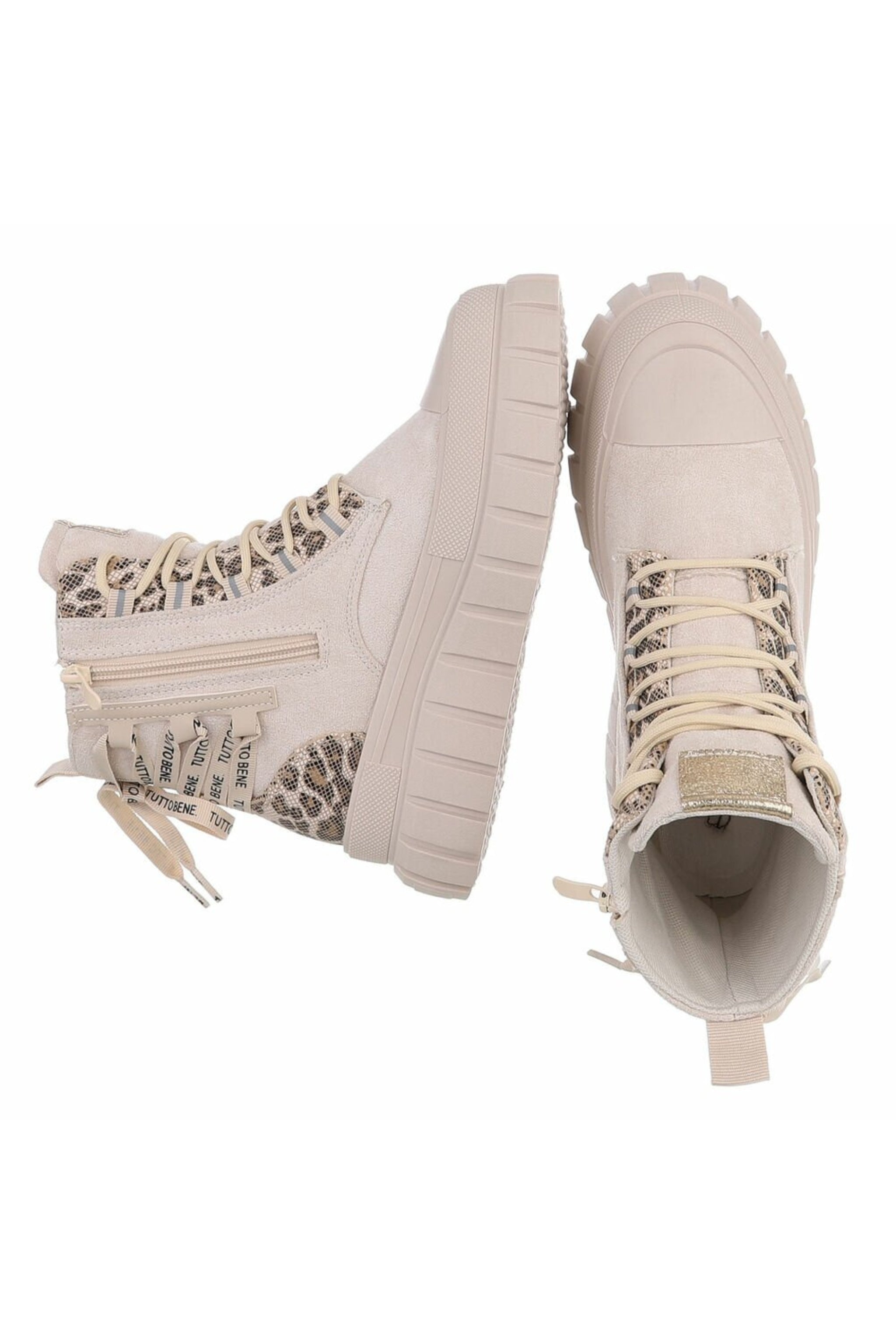 Schnürstiefelette, beige-leo-gold