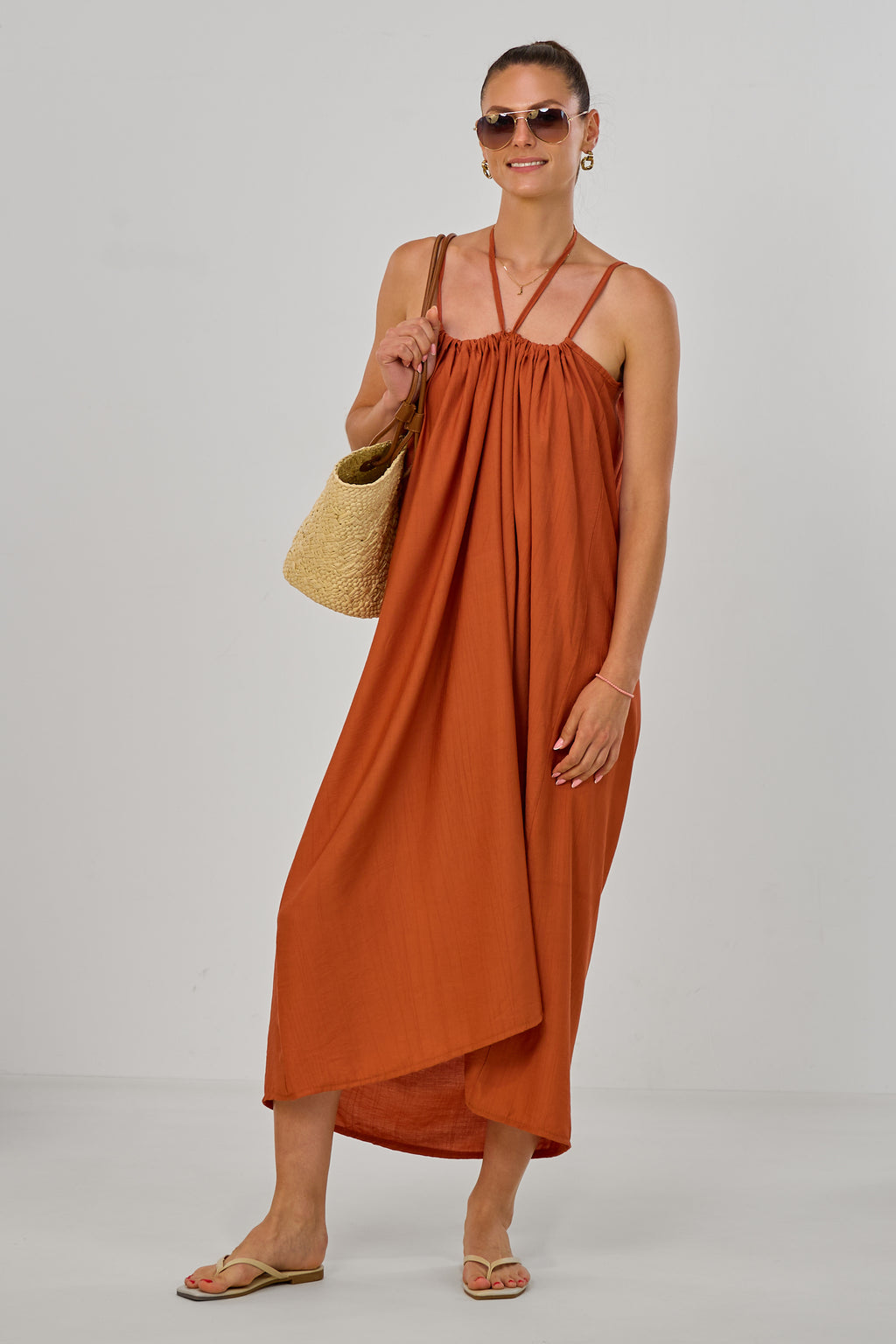 Langes Maxi-Kleid mit Spaghetti-Trägern, rostorange