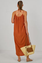 Langes Maxi-Kleid mit Spaghetti-Trägern, rostorange