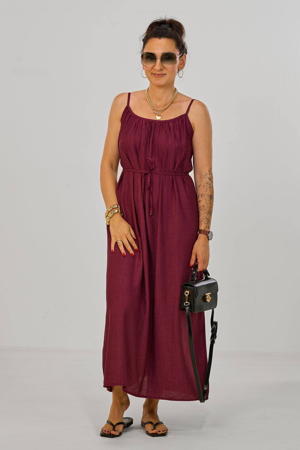 Langes Maxi-Kleid mit Spaghetti-Trägern, bordeaux
