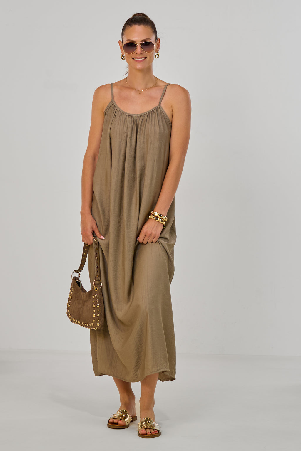 Langes Maxi-Kleid mit Spaghetti-Trägern, taupe