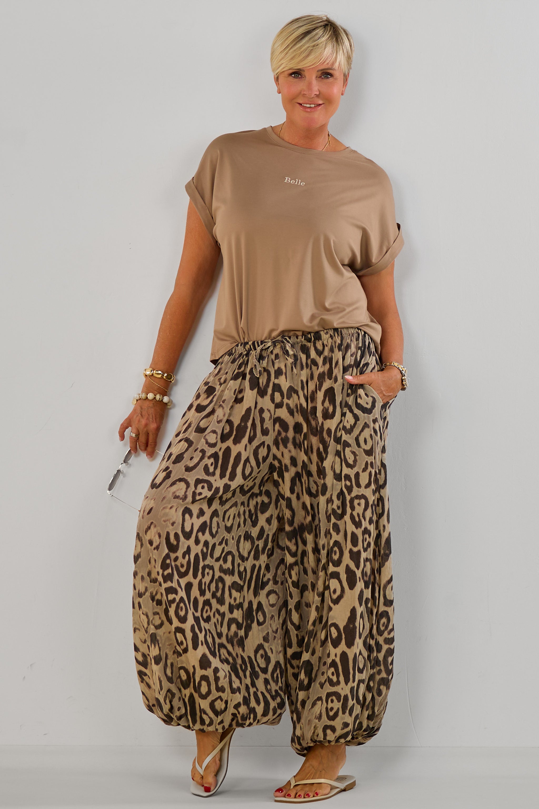 Haremshose mit Kordelzug, leo-taupe