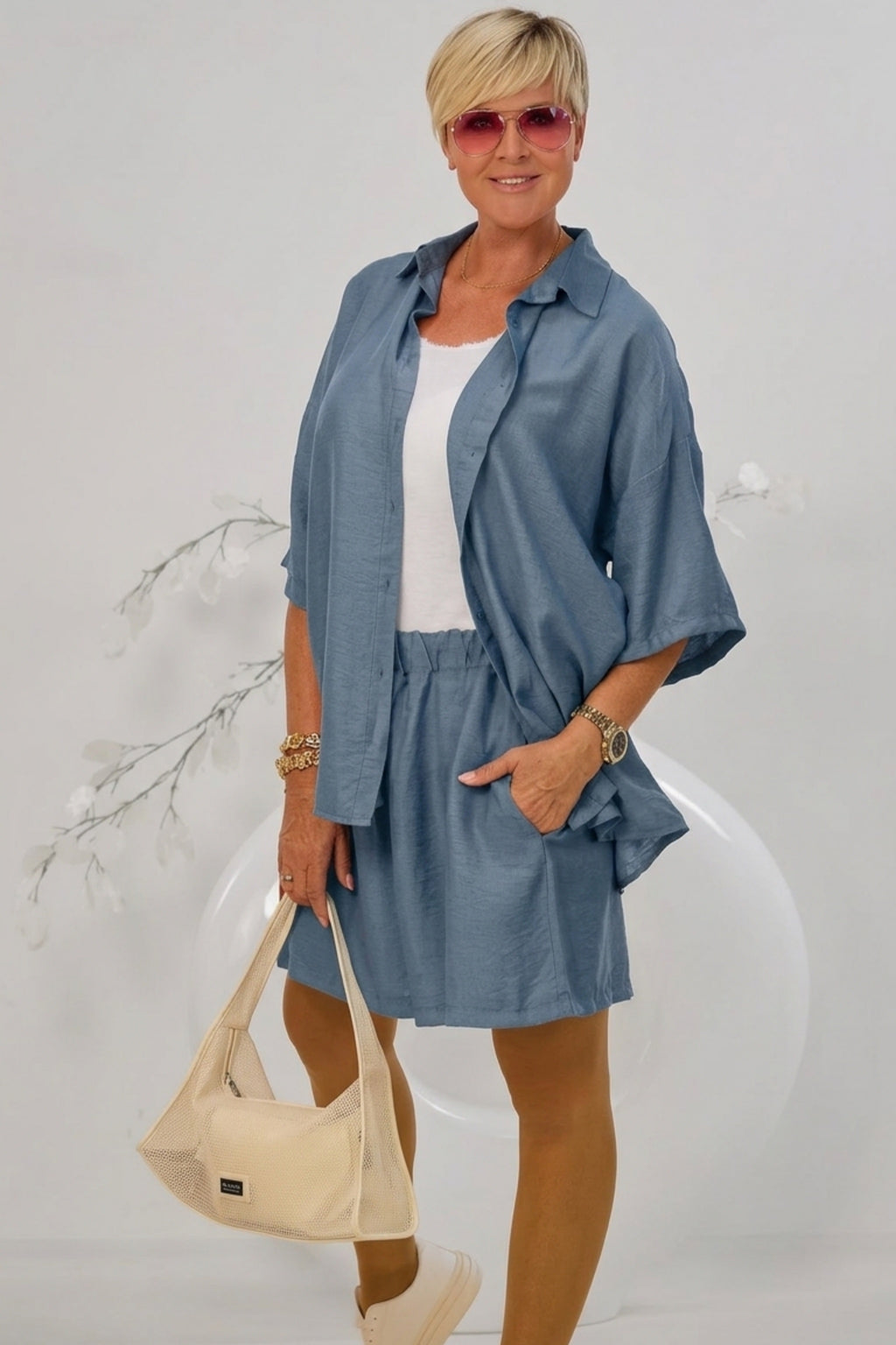 2-tlg. Set aus Bluse und Shorts, taubenblau