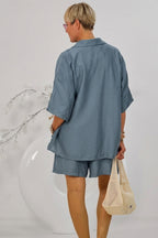 2-tlg. Set aus Bluse und Shorts, taubenblau