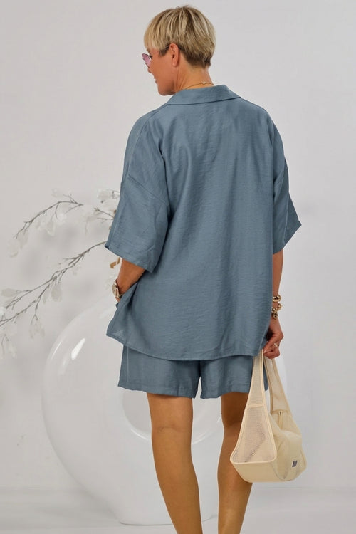2-tlg. Set aus Bluse und Shorts, taubenblau