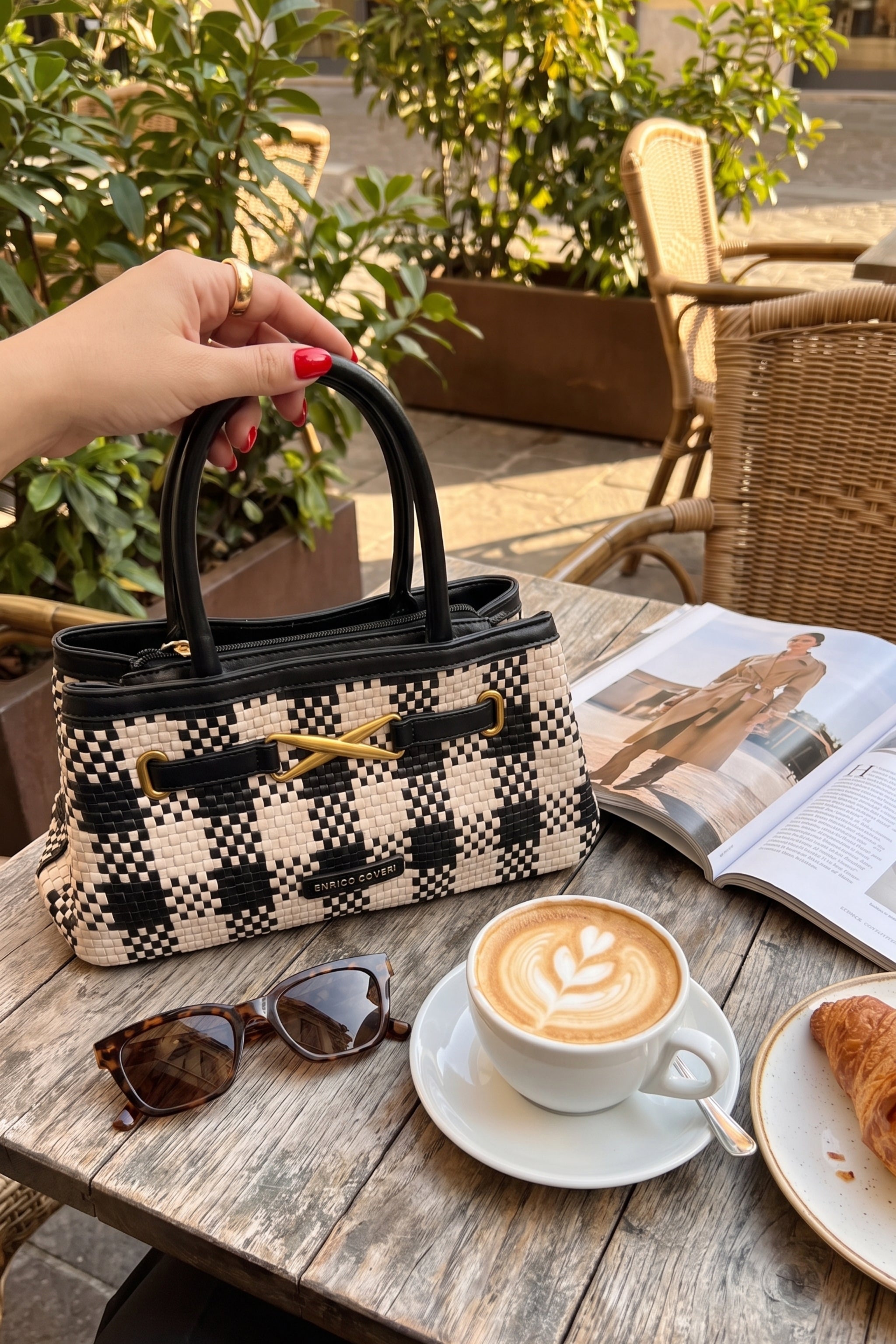 Flecht-Tasche im im Retro-Style, schwarz-creme