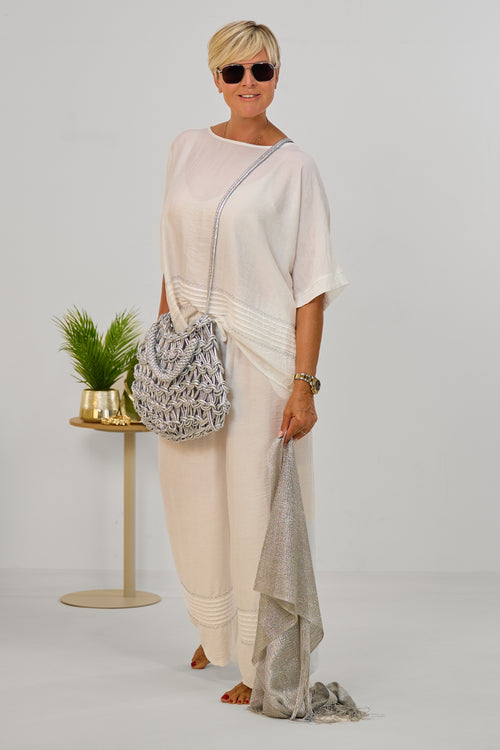 2-tlg. Set aus Blusenshirt und Hose, weiß