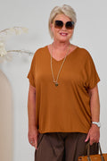 Kurzarm Basic Shirt mit V-Ausschnitt, rostbraun