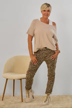 Hose mit elastischem Bund im Knitterlook, taupe-leo