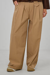 Pants with wide pleats at the waistband, taupe