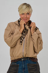 Jacket with detachable leopard hood, taupe