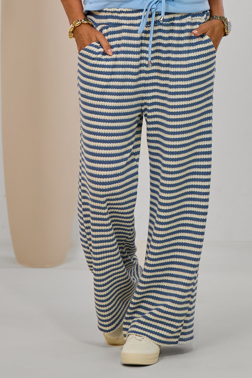 Strickhose - geringelt, taubenblau-ecru