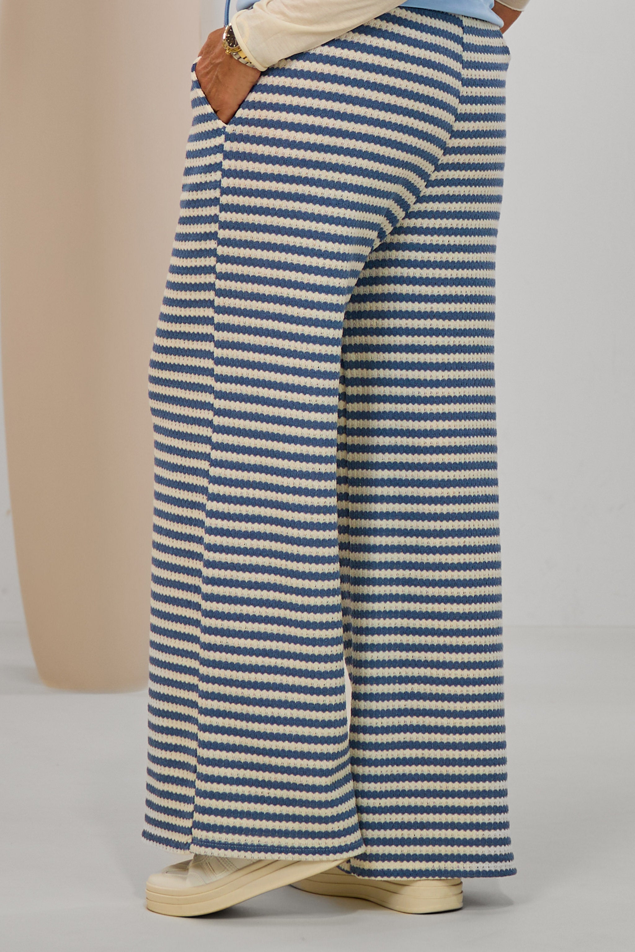 Strickhose - geringelt, taubenblau-ecru