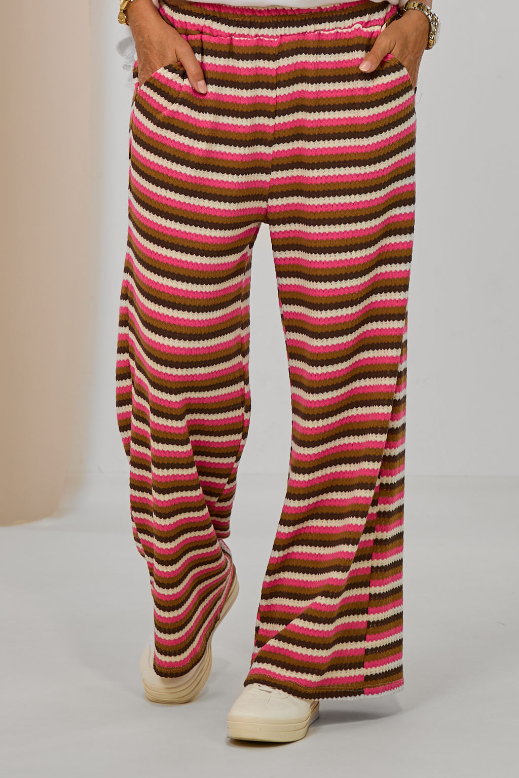 Strickhose - geringelt, pink-braun-ecru