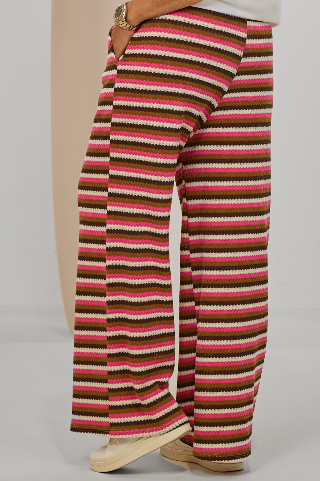 Strickhose - geringelt, pink-braun-ecru
