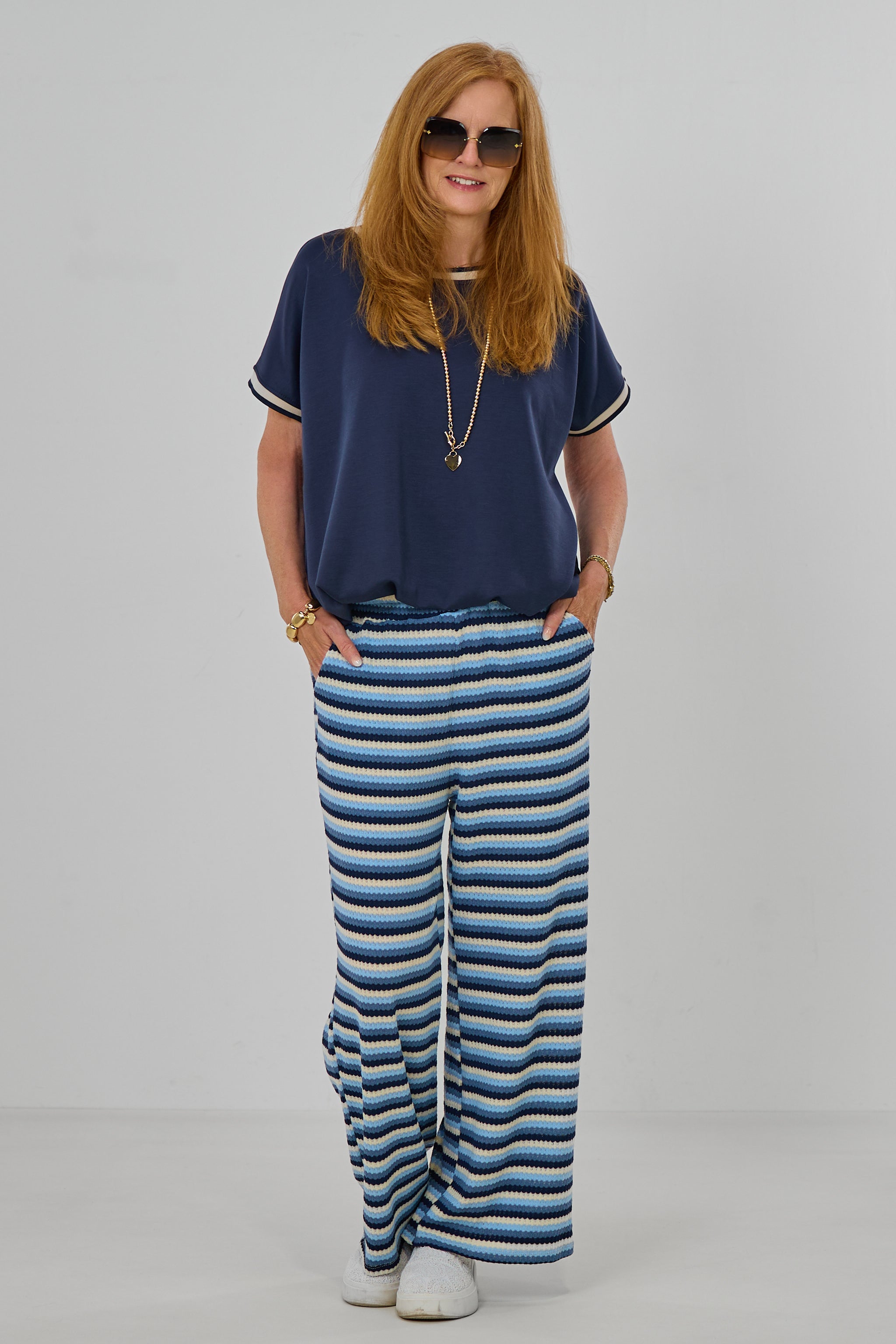Strickhose - geringelt, blau-schwarz-ecru