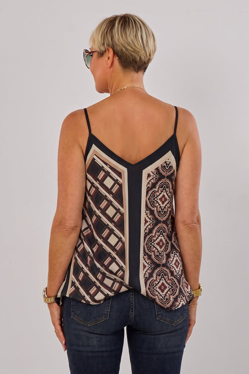 ausgestelltes Top im Muster-Mix, schwarz-bordeaux