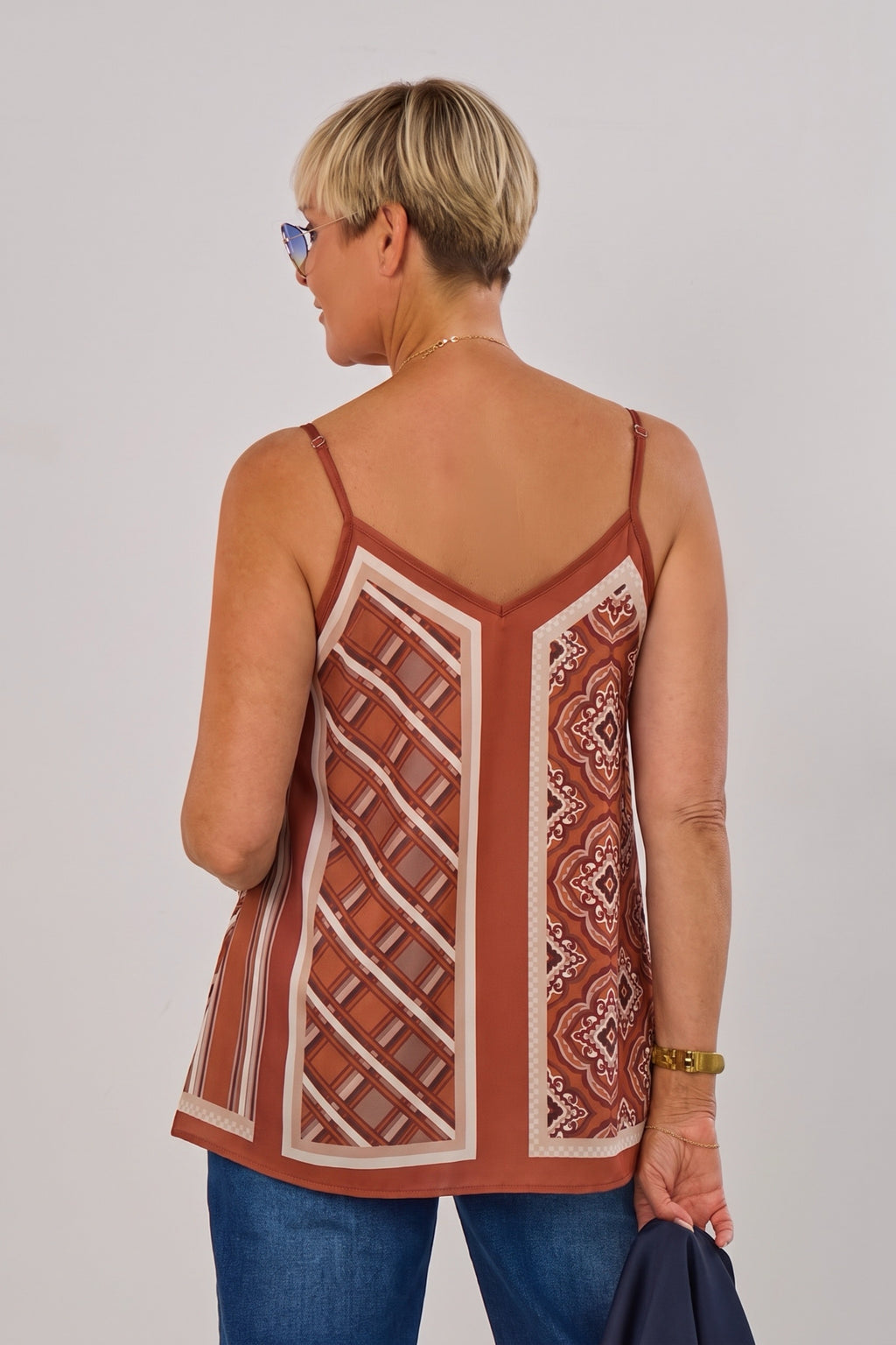 ausgestelltes Top im Muster-Mix, rostbraun-ocker