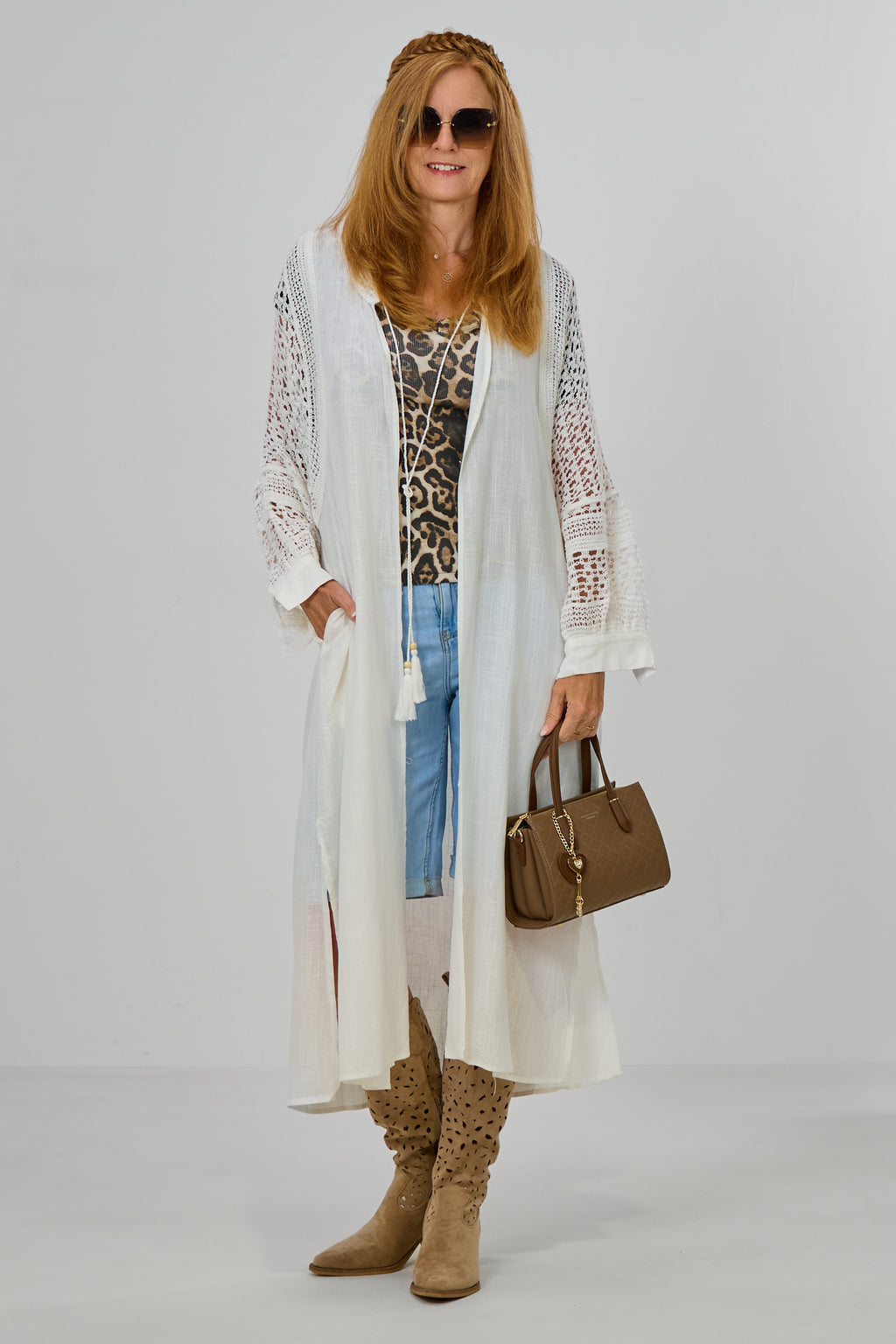 Sommer-Longjacke mit Häkeleinsatz, weiß
