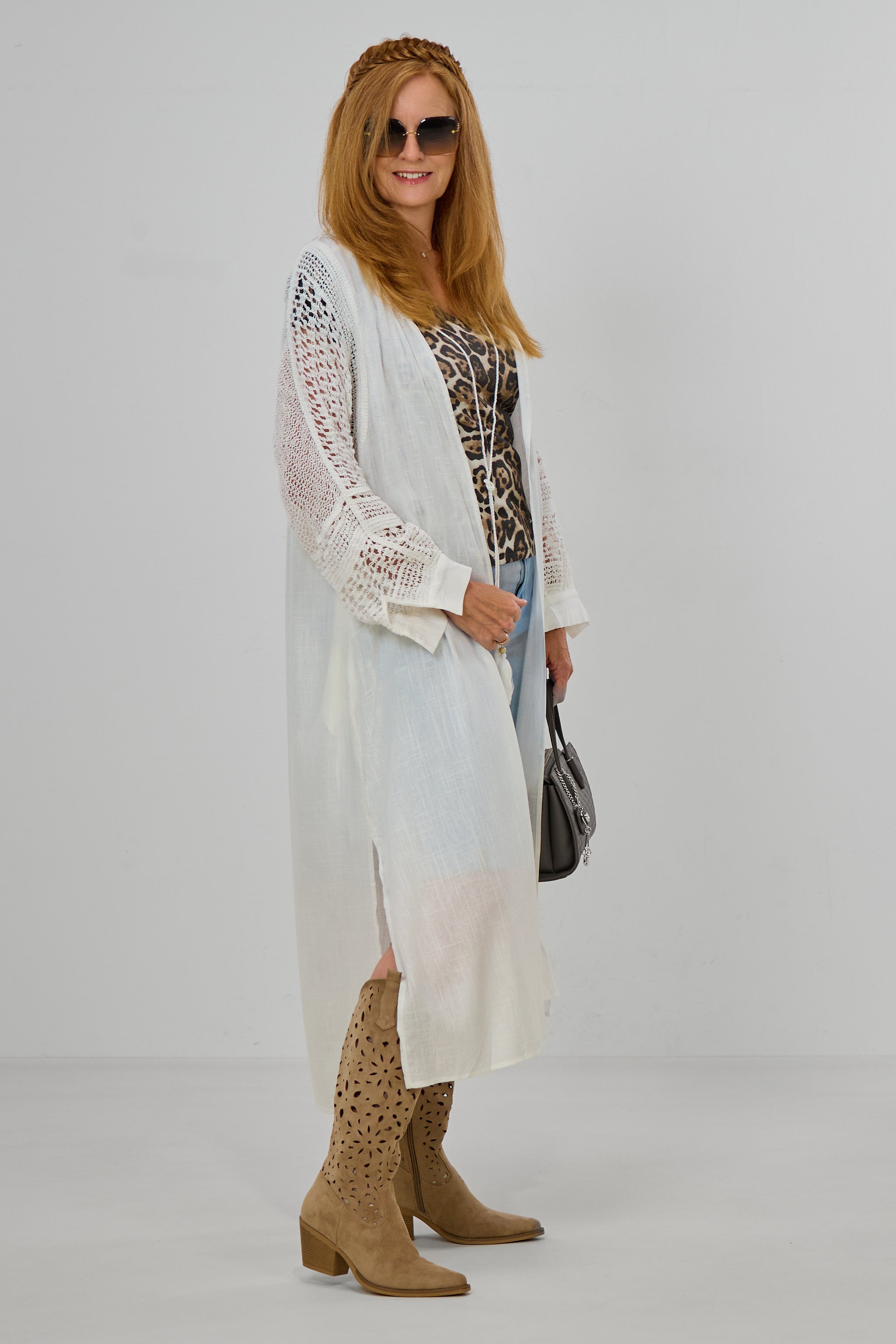 Sommer-Longjacke mit Häkeleinsatz, weiß