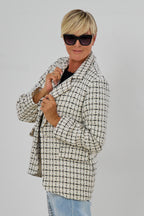 Tweed-Blazer mit breitem Revers, creme-schwarz